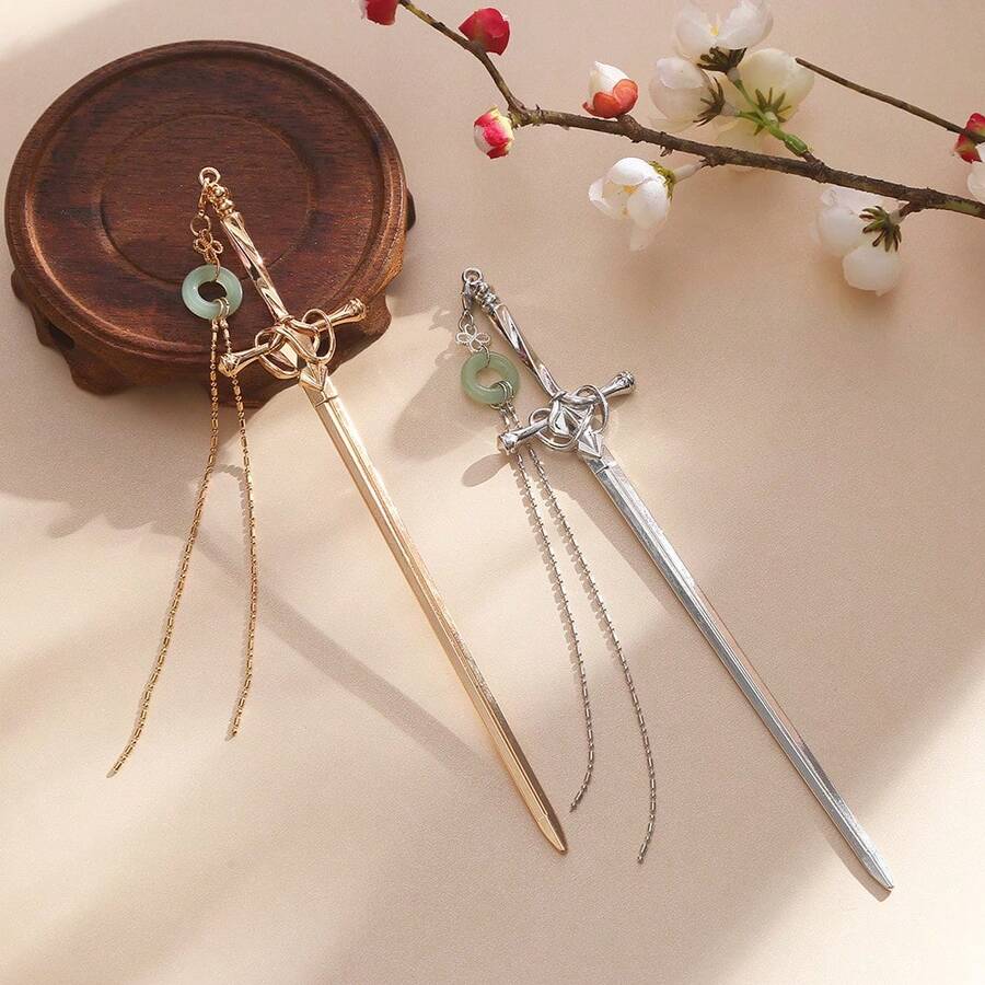 1件女士银剑发簪，配玉坠，简约优雅头饰 - 銀色 - 查看 1
