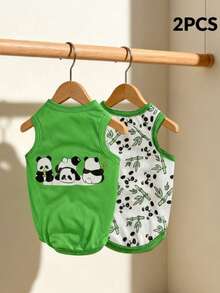 LUCKIE LABO 2pcs/Set Green Cute Panda & Bamboo Print Pet Vest, Physical Anti-Flea, Reduce Shedding, Insulation, Breathable For Small/Medium Dogs & Cats Indoor/Outdoor - Multicolor - View 1