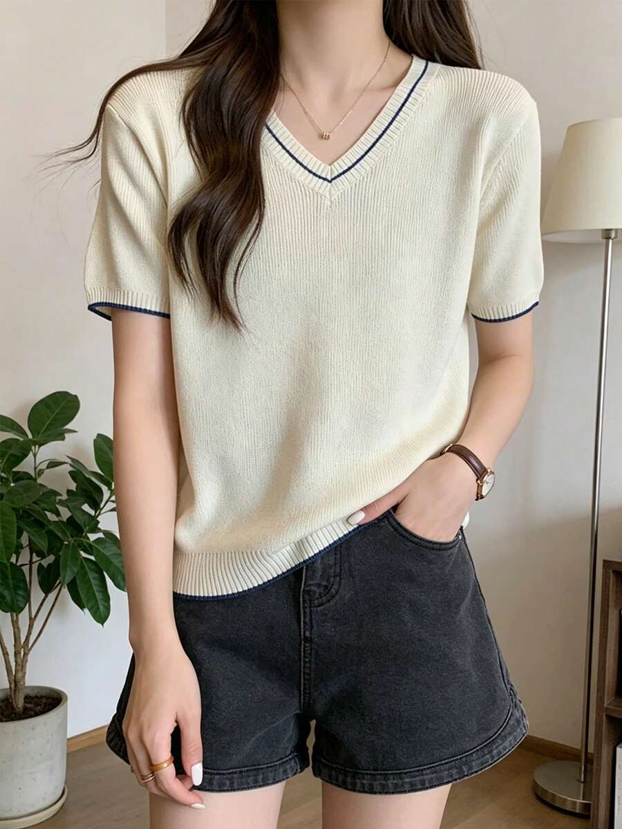 Casual V-Neck Short Sleeve Knit Top, Contrast Ribbed Slim Fit, Versatile For Daily Wear And Dates - Apricot - View 1