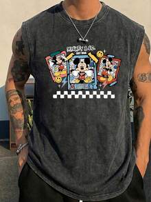 Disney Mickey & Co. EST 1928 Officially Licensed Men's Sleeveless Graphic Tee, 100% Cotton 230g Washed Vintage Casual Shirt - Black - View 1