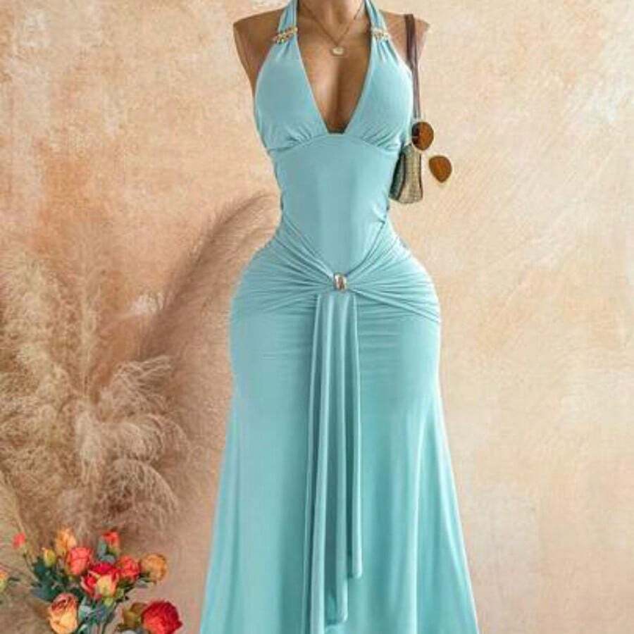 WYWH Spring/Summer New Casual Vacation Western Beach Wedding Guest Attire Graduation Brunch Dress, St. Patrick's Day Spring Break Easter Music Festival Elegant Boho Tropical Backless Metallic Decor Mesh Floral Print Valentine's Day Party Bow Tie Maxi Dress For Women Luau Dress Women Vacation Dinner Dress - Azul Agua - Ver 1