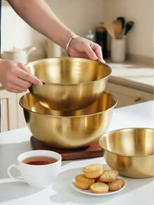 3pcs/Set Stainless Steel Salad Mixing Bowl With Measurement Scale, Baking & Egg Whipping Bowl, Vegetable Washing Basin Set - Gold - View 5