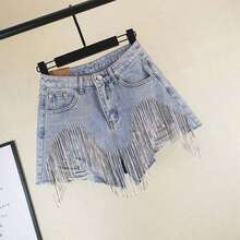 Summer Cut-Off Jeans With Detail Women'S High Waisted Light Wash Shorts With Chain Fringe - Sky Blue - View 6