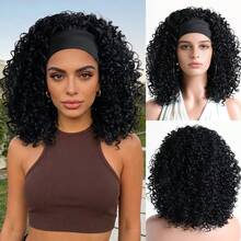Peluca con diadema, peluca sintética corta y rizada afro de fibra natural y voluminosa, set de peluca de 12 pulgadas adecuada para uso diario, festivales, fiestas de disfraces, Halloween - Negro - Ver 2