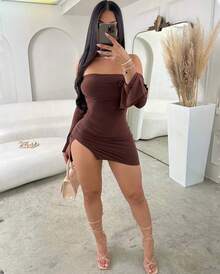 Minivestido sin tirantes y espalda descubierta para mujer, vestido negro con hombros descubiertos y manga larga, ceñido al cuerpo para fiesta y Club - Rojo - Ver 4