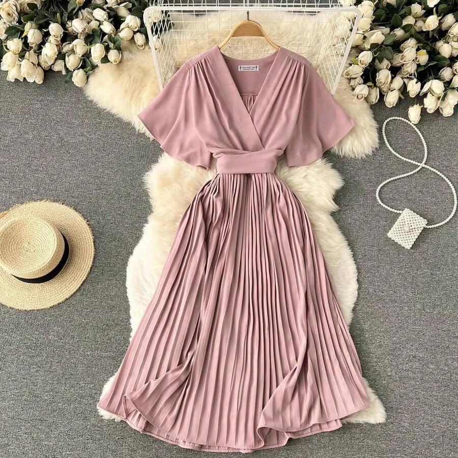Vestido midi ajustado con cuello en V, falda plisada de color liso, estilo coreano, cintura alta, fibra de poliéster, vestido... - Rosa - Ver 1