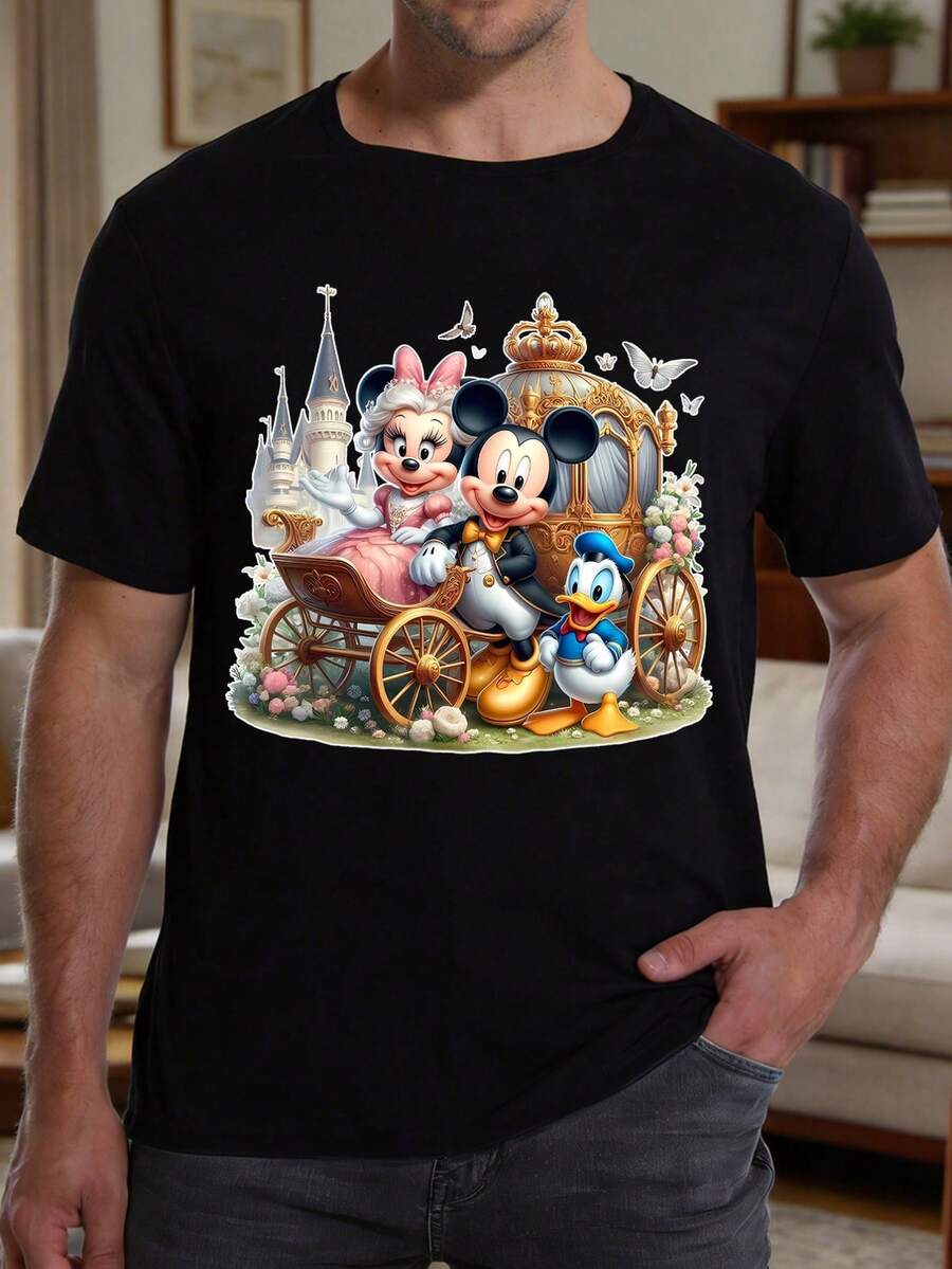 Disney 1件男士米奇米妮卡通印花短袖T恤,圆领,弹力面料,适合日常穿着,易打理,时尚休闲男士T恤,短袖T恤 - 黑色 - 查看 1