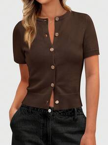 Womens Casual Summer Short Sleeve Cardigans Button Down Knitted Sweater Basic Crew Neck Crop Tops - nâu sẫm - Xem 5