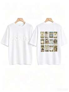 [Olive Green Sweatshirt] Soft Olive Green Crewneck Sweatshirt |     PICKLES Letter Print & Pickle Jar Graphic - Mid-Stretch Fabric, Machine Washable - 白色 - 查看 14