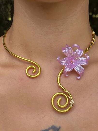 1pc Unique Fashion Iridescent Iris Flower Wrap Adjustable Choker Necklace, Elegant Spiral Floral Design Adjustable Necklace Accessory, Suitable For Women's Daily And Formal Occasions