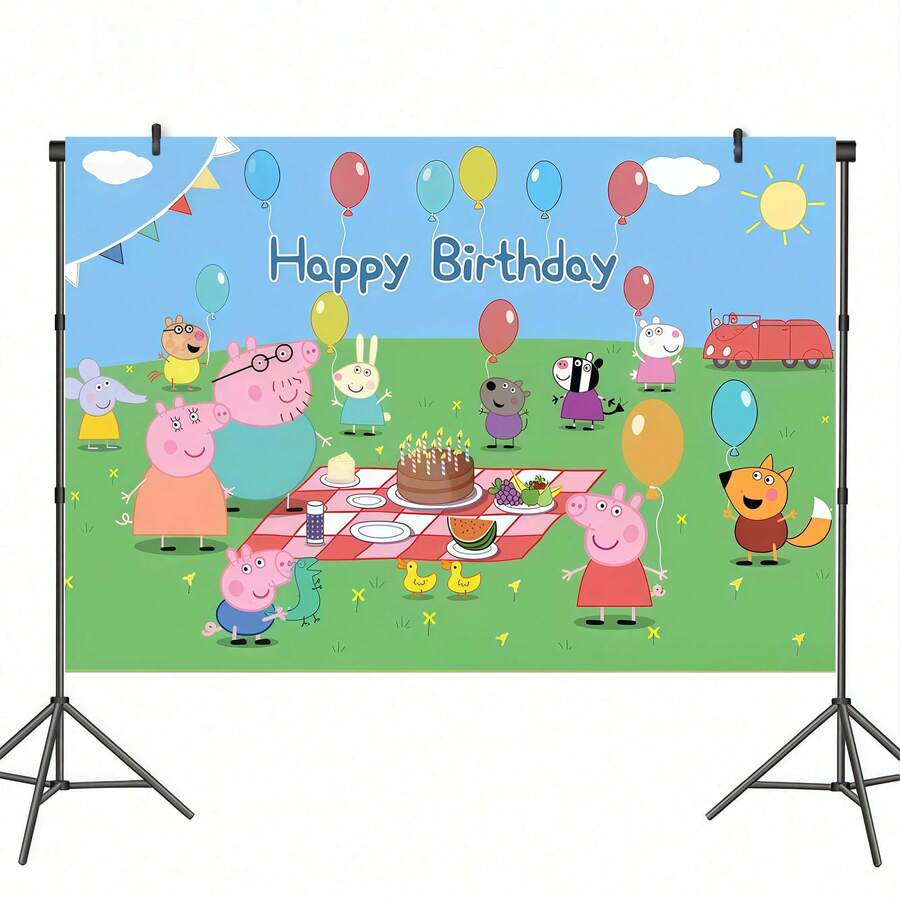 1 Stück Cartoon Schweinefamilie Themen Geburtstags Party Hintergrund, blauer Himmel grüne Wiese Themen Fotografie Hintergrund, Party Fotobox Requisite - Verschiedenfarbig - Übersicht 1