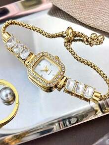 5pcs Fashionable & Elegant Pearl Bracelet Watch Set, Luxury Fully Rhinestone Quartz Watch With Diamond Jewelry Bracelet Combo, Suitable For Festivals, Parties, Weddings, Daily Wear, Best Gift For Women - Gold - View 4