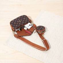 Women's 2-In-1 Crossbody Bag Set: Letter Print Shoulder Bag With Round Pouch, Stylish Everyday Bag; Retro Women's Crossbody Bag, Compact Casual Everyday Backpack With Detachable Pouch And Adjustable Shoulder Strap, A Shopping Essential; Women's Black Shoulder Bag With Gold Buckle, Mini Bag And Round Coin Purse Set, Lightweight Crossbody Bag, A Must-Have For Girls' Daily Life. - BROWN - 查看 4