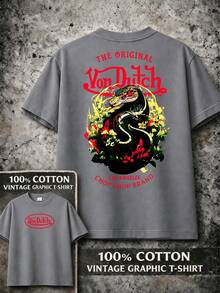 Grey Cotton Graphic T-Shirt Vons Dutch Logo Snake Print Everyday Casual Streetwear Machine Washable Regular Fit All Season Top Weekend Outfit Playful Fashion Durable Shirt Short Sleeve Shirt - 灰色 - 查看 1