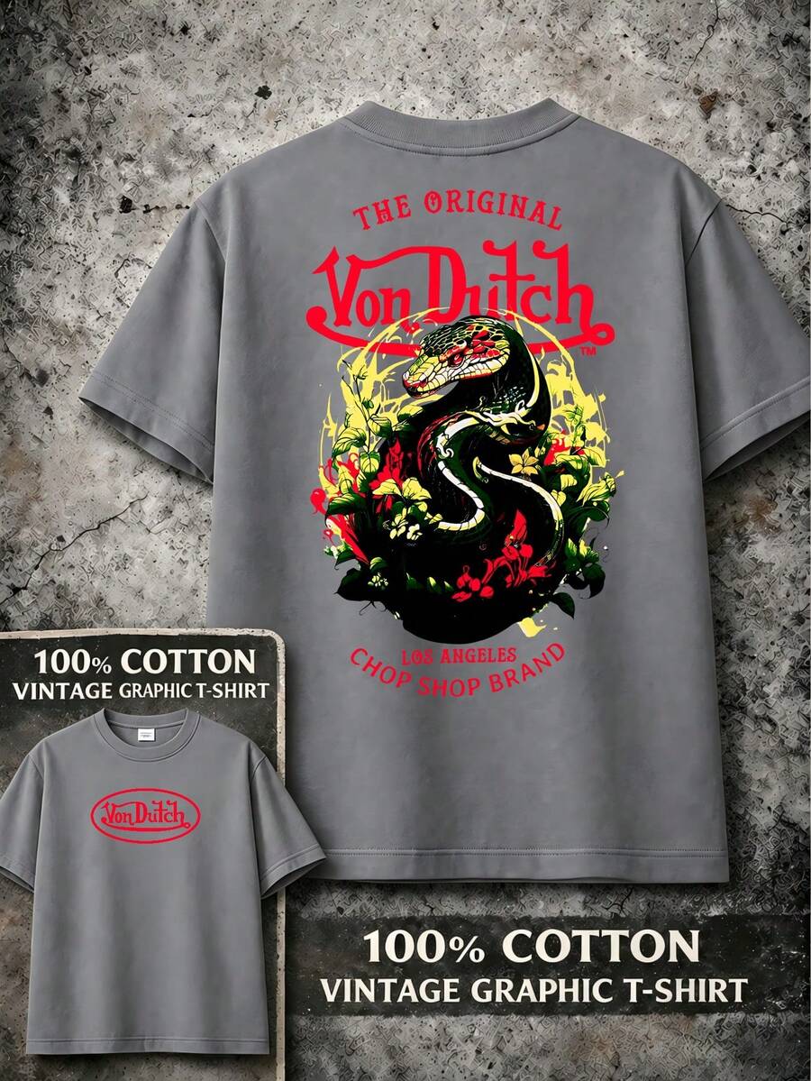 Grey Cotton Graphic T-Shirt Vons Dutch Logo Snake Print Everyday Casual Streetwear Machine Washable Regular Fit All Season Top Weekend Outfit Playful Fashion Durable Shirt Short Sleeve Shirt - 灰色 - 查看 1