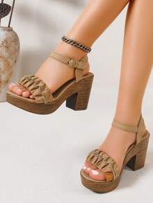Women's Platform Wedge Sandals, Retro Ruched Edge Rhinestone Decor Faux Wood Grain Bottom, Vacation Style Wedge Sandals, Suitable For Parties, Vacations And Daily Wear - Apricot - View 3
