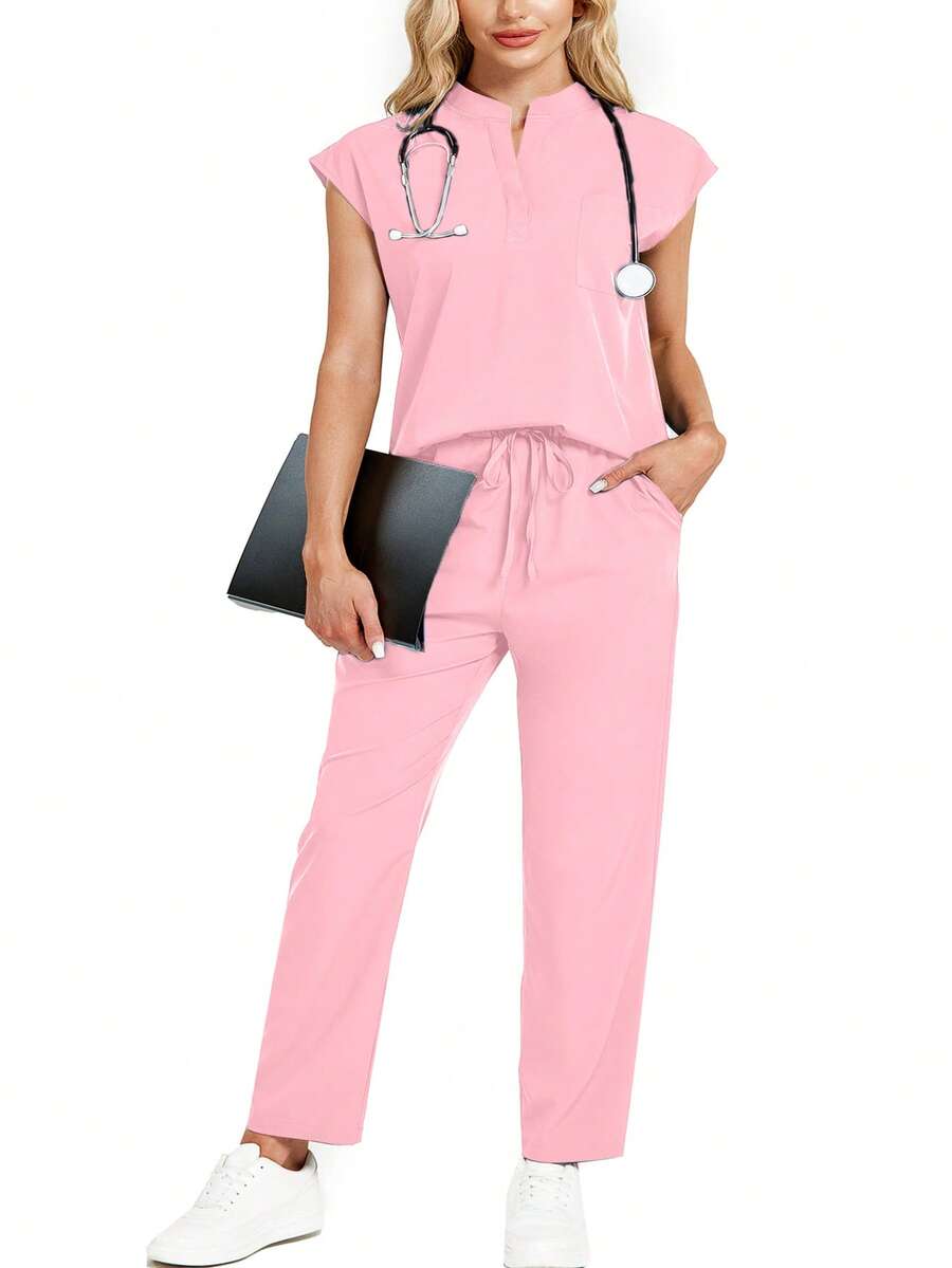 cimmuovere Plus Size Stand Collar Sleeveless Loose Top And Practical Multi-Pocket Pants Uniform Set Pink - Pink - View 1