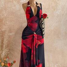 WYWH Spring/Summer New Casual Vacation Western Beach Wedding Guest Attire Graduation Brunch Dress, St. Patrick's Day Spring Break Easter Music Festival Elegant Boho Tropical Backless Metallic Decor Mesh Floral Print Valentine's Day Party Bow Tie Maxi Dress For Women Luau Dress Women Vacation Dinner Dress - Azul Agua - Ver 6