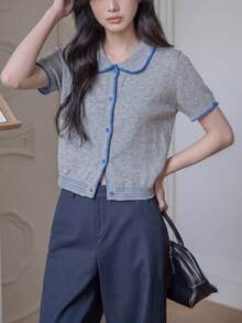 Women's Casual Contrast Color Trim Polo Collar Short Sleeve Knit Top, Summer - Light Gray - View 5