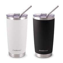 DDV Redlemon Double-Walled Stainless Steel Thermal Mug, 600 Ml, 2 Pieces.  For Water And Coffee With Airtight Lid. Keeps Your Drink Hot For 4 Hours And Cold For 6 Hours. Includes Straws And Cleaning Brush. - 白色 黑色 銀色 - 查看 2