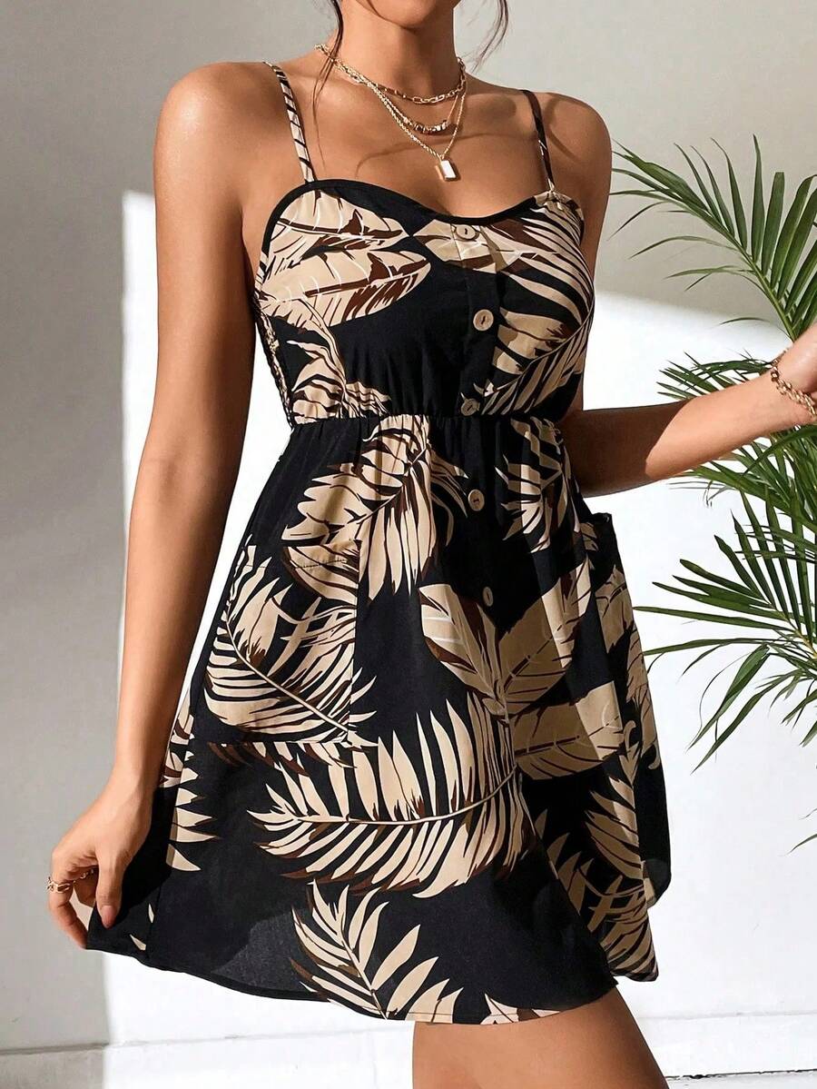 Vestido suelto con estampado halter y hombros descubiertos de verano - 67214negro - Ver 1