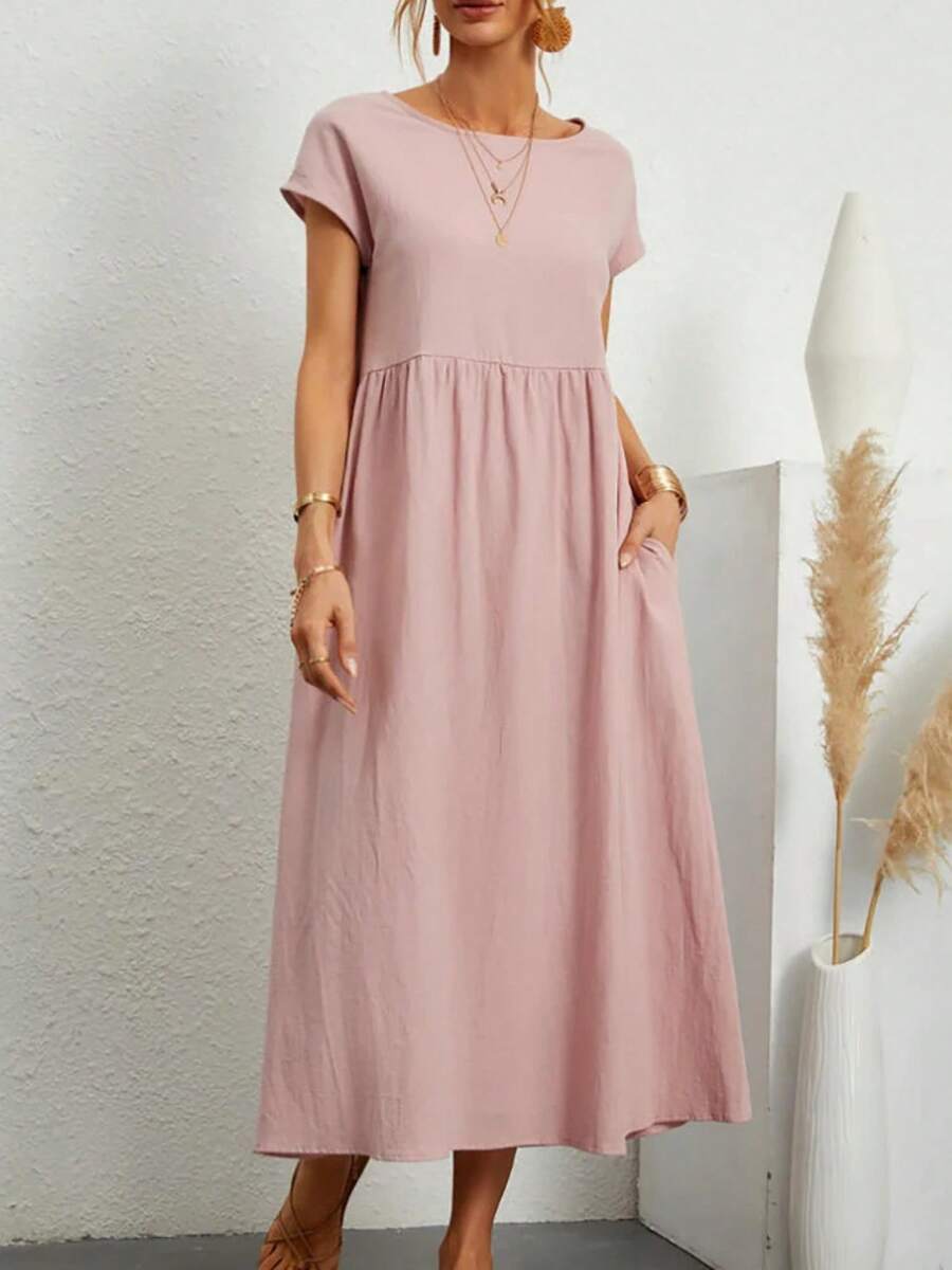 Vestido largo holgado de lino y algodón para mujer, prenda elegante y lisa de manga corta con cuello redondo, Estilo Vintage Harajuku, Y2K - Rosa - Ver 1