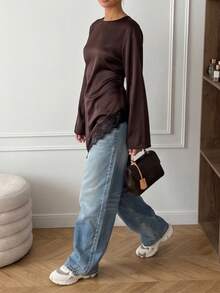 Women's Satin Long Sleeve Blouse, Elegant Lace Trim And Asymmetric Hem Tie Waist Design, Suitable For Summer Wedding, Party, Graduation, Travel And Other Occasions - Coffee Brown - View 6