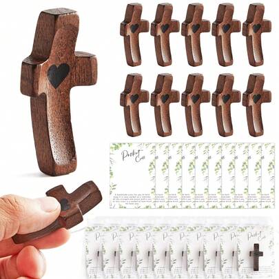 3/6/10 Set My Heart Cross Bulk Wooden Handheld Pocket Cross Fidget With Card Organza Bag Easter Christian Encouragement Gift Small Fingertip Stress Relief Religious Craft For Prayer Church(Dark Color)