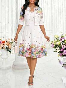 Conjunto de 2 piezas de vestido y chaqueta elegante con estampado para mujer - Multicolor - Ver 7