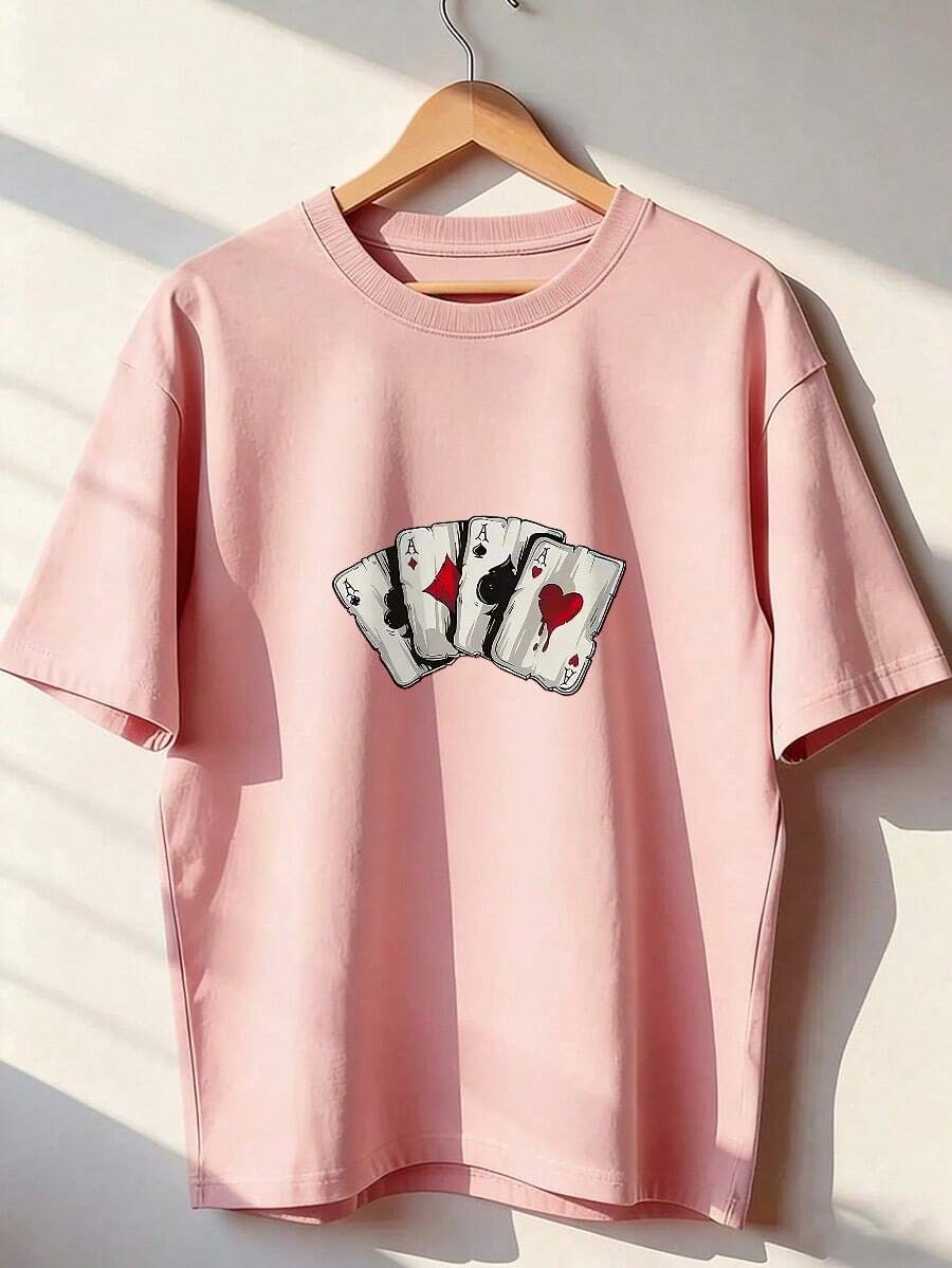 Ace Of A Card Print T-Shirt, Short-Sleeve T-Shirt For Spring/Summer 2026, Made In Mexico, 180 Grams. Cartoon Print, Couple Design, Suitable For Indoor Or Outdoor Wear. Crew Neck, Unisex, Ideal For Office And Leisure. One-Pack. - PK-P631577SLNDXZGY332 - 查看 1