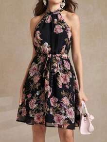Vestido casual de verano con tul transparente, estampado floral y cinturón de ajuste, perfecto para look de noche y salidas románticas - Negro - Ver 11
