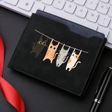 Cartera compacta para hombre Diseño de gato de dibujos animados de moda Cartera de cuero portátil y simple de alta calidad - k3320-XM-Marrón - Ver 1