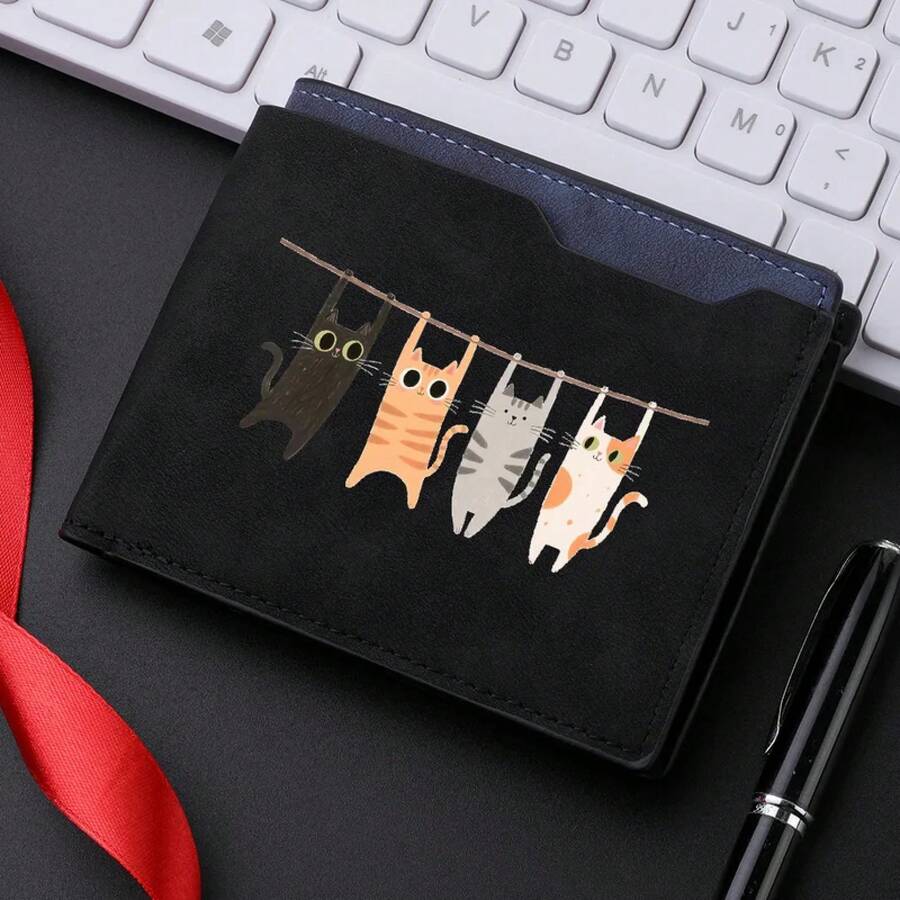 Cartera compacta para hombre Diseño de gato de dibujos animados de moda Cartera de cuero portátil y simple de alta calidad - k3320-XM-Marrón - Ver 1