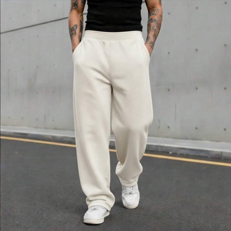 Men's Wide Leg Sweatpants For Winter, Plain, Comfortable, Stylish, Cotton. - 米白色 - 查看 1