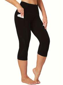 Leggings capri de talla grande para mujer con bolsillos - Pantalones de yoga lisos elásticos de cintura alta con control de barriga para gimnasio de color negro - Negro - Ver 3
