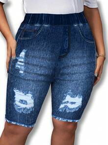 Novedad de Verano, Shorts Casuales Versátiles para Mujer, Estilo Informal, con Estampado Efecto Denim, Corte Ajustado - WP-7256 - Ver 4