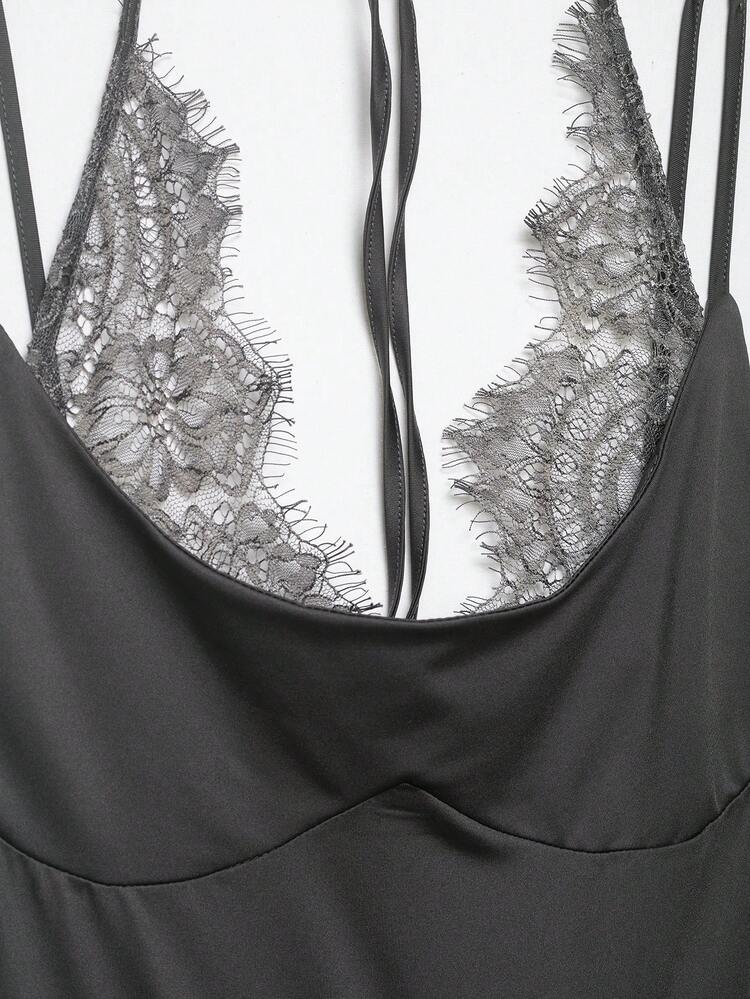 DEEKA Summer New Women's Fashion Sexy Contrast Lace Halter Bodysuit - Grey - View 5