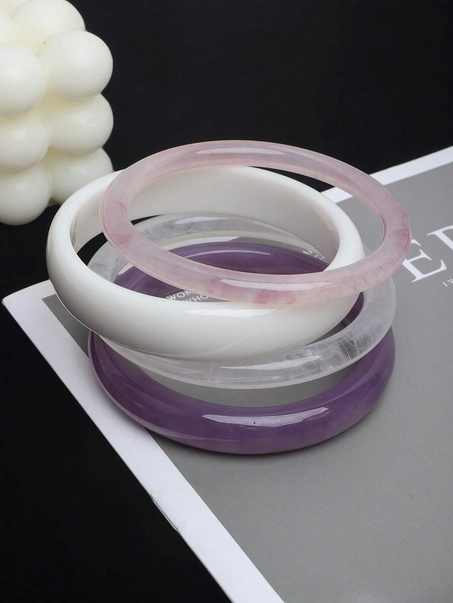 4pcs Retro Resin Multi-Color Acrylic Bangle Bracelets, Fashionable & Versatile Daily Wear For Women - Purple - View 1