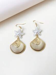1 Đôi bông tai kiểu Bohemian đính ngọc trai giả hình sao biển và vỏ sò, chất liệu kim loại, thích hợp cho kỳ nghỉ biển hoặc dự tiệc của phụ nữ. - Vàng - Xem 3