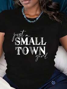 Women's Short-Sleeved T-Shirt With Round Neck, Graphic Print "Just A Small Town Girl", Casual Daily Wear, 220g, Casual Style. - 黑色 - 查看 7