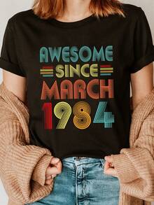 Women's 40th Birthday Printed Crew Neck T-Shirt, Modern, Short Sleeve, Casual, Summer And Spring. - 黑色 - 查看 1