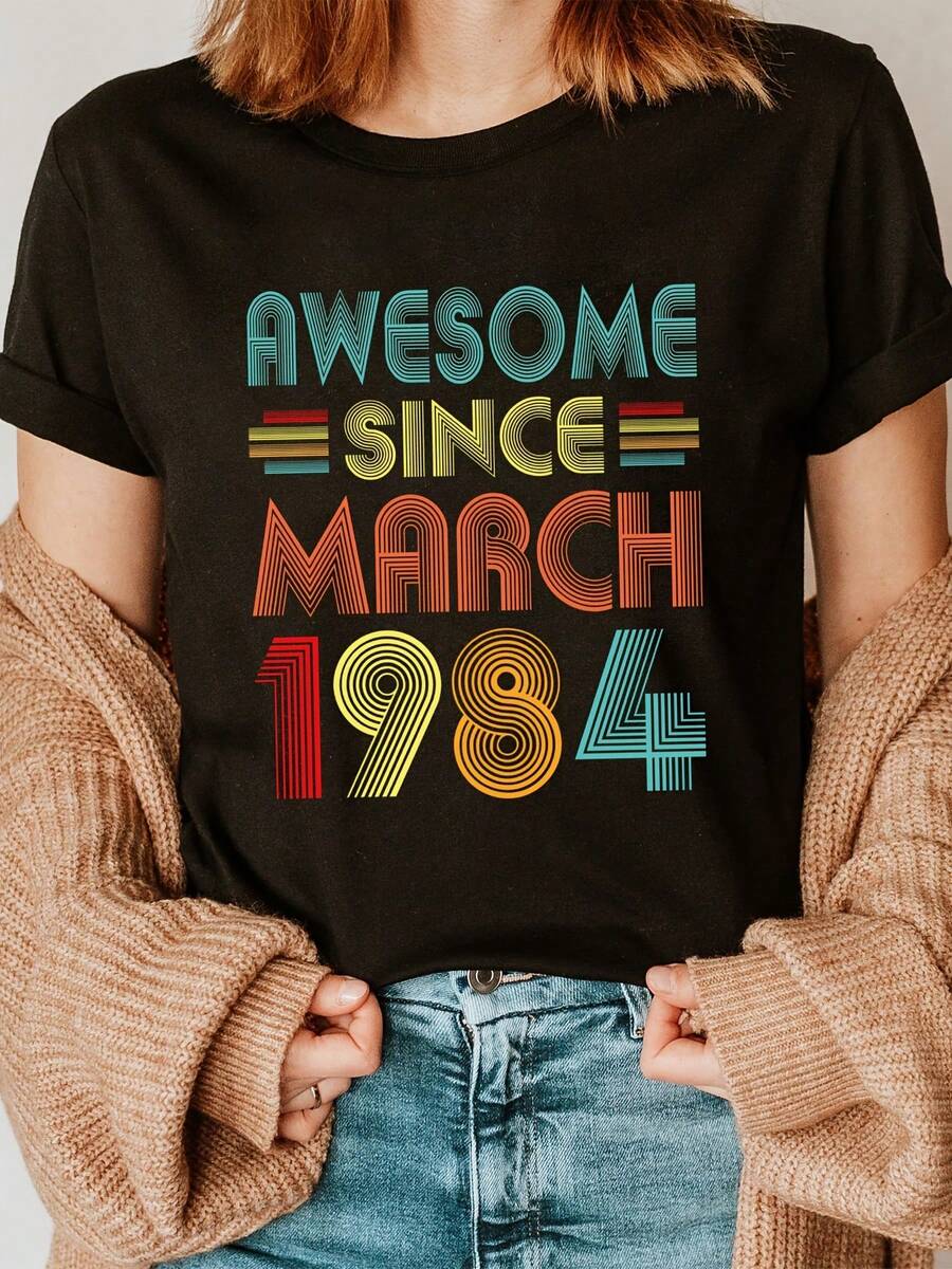 Women's 40th Birthday Printed Crew Neck T-Shirt, Modern, Short Sleeve, Casual, Summer And Spring. - 黑色 - 查看 1