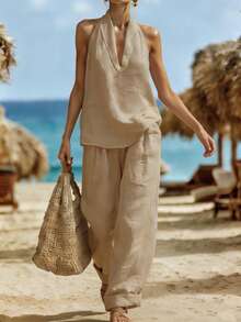 Bộ đồ hai mảnh nữ màu trơn phong cách Bohemian, cổ chữ V, có túi, thích hợp đi biển, nghỉ mát, chất liệu giả lanh, thanh lịch mùa hè. - Màu Khaki - Xem 5