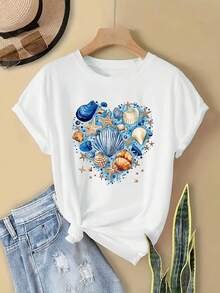 Kortärmad t-shirt med rent havsmönster, ropa för kvinnor - Vitt - Visa 1