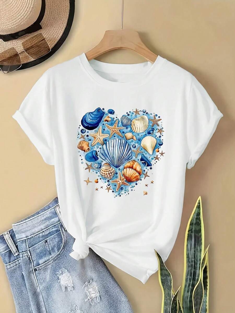 Kortärmad t-shirt med rent havsmönster, ropa för kvinnor - Vitt - Visa 1
