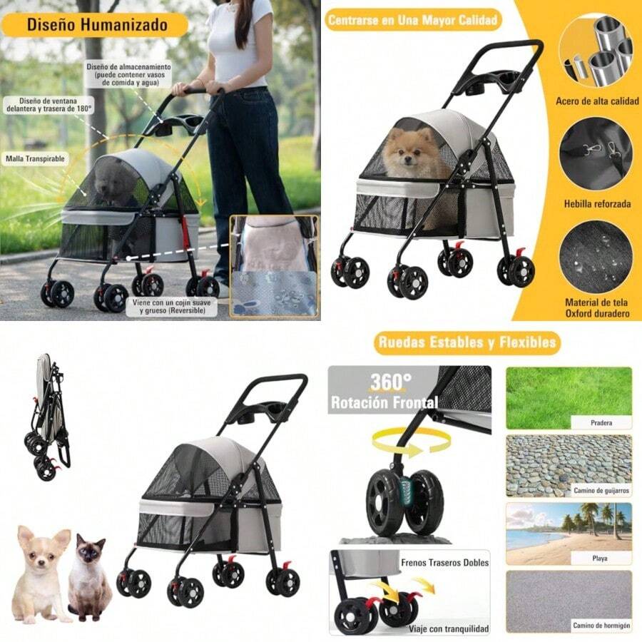 Carriola para Mascotas Carreola para Perritos Pequeñas y Medianas para Gatos y Perros Plegado Rápido Incluye Cojín Suave Ventanas Ventiladas y Portavasos para ir de Compras y Paseos al Aire Libre - Gris - Ver 1