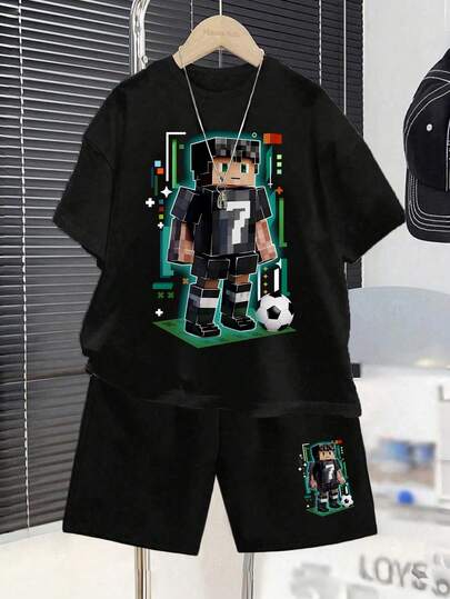 Conjunto casual diario de camiseta de manga corta con cuello redondo y estampado de números de dibujos animados, y pantalones cortos para niño pequeño