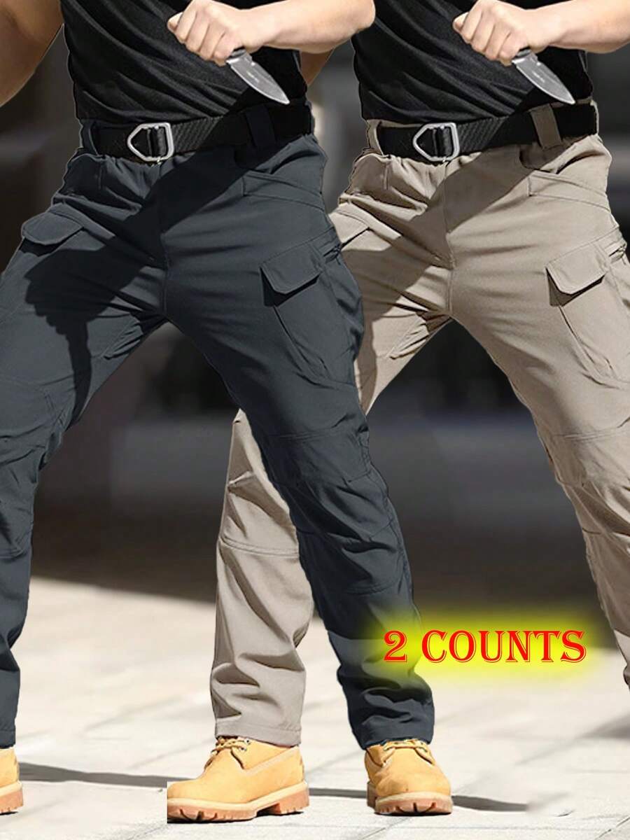 (2 PCS) Waterproof Tactical Pants With 9 Deep Double Pockets, Small Front Pockets - Grey - View 1