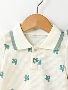 4pcs/Set Baby Boy Summer New Cactus Print & Solid Waffle Polo Collar Half-Open Shirt And Shorts Casual Fashion Outfit - Green - View 3