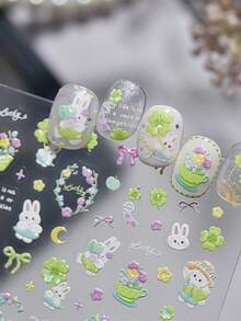 1 Sheet Spring Rabbit Nail Stickers, Cute Rabbit & Flower Self-Adhesive Nail Decals For DIY Nail Art Decoration - Multicolor - View 3